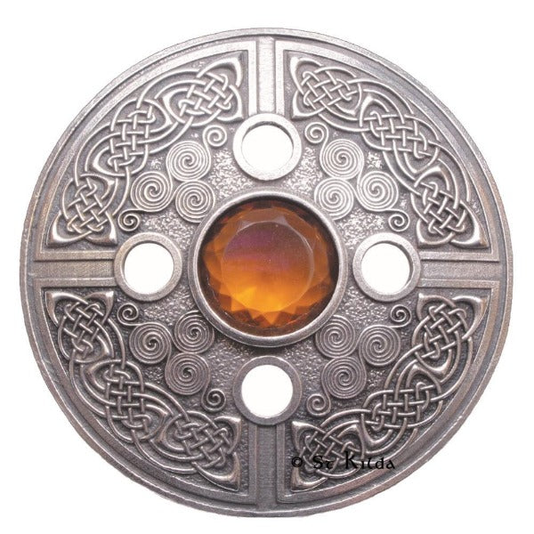 Celtic Spiral plaid brooch case in lead free pewter.  Selection of center stone colors available.  Made in Scotland.  Scottish Treasures Celtic Corner