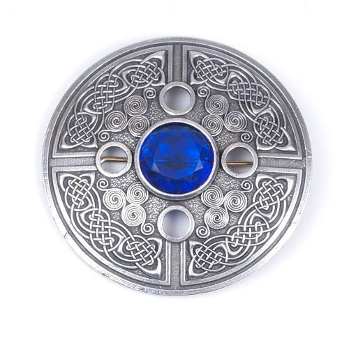 Celtic Spiral plaid brooch case in lead free pewter.  Selection of center stone colors available.  Made in Scotland.  Scottish Treasures Celtic Corner