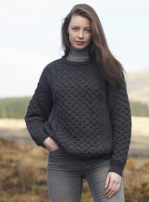 aran crewneck sweater in charcoal