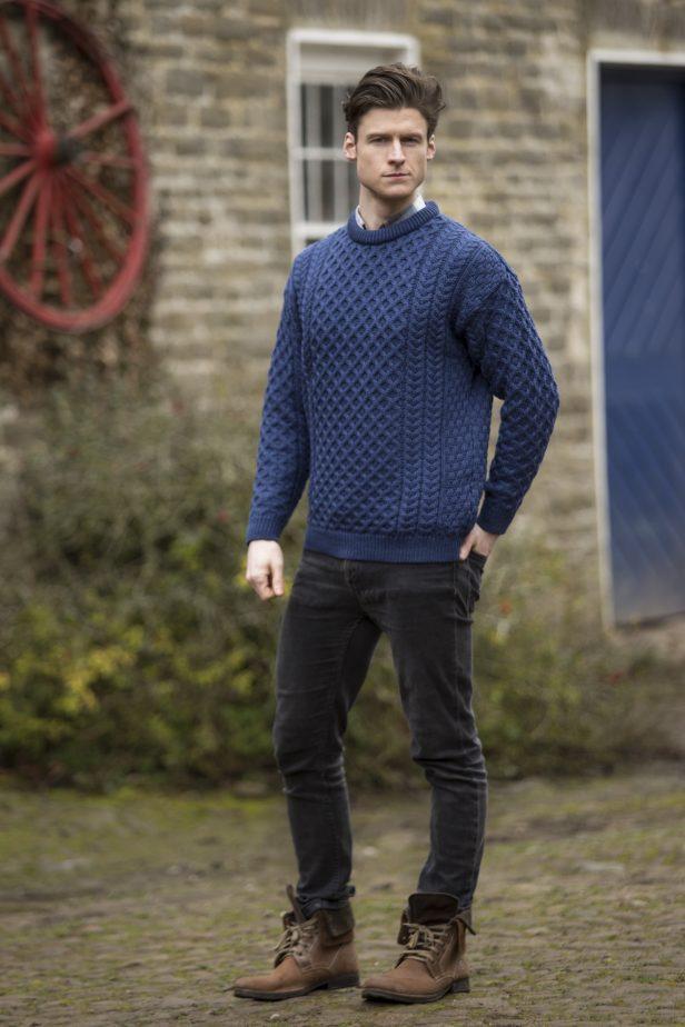 denim crewneck aran sweater