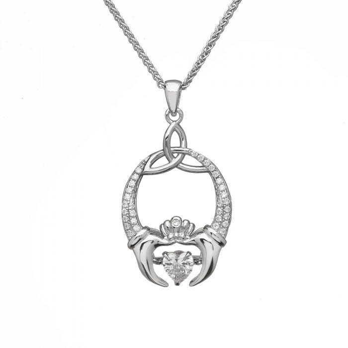 Dancing stone claddagh pendant with trinity knot and CZ stones.  Scottish Treasures Celtic Corner
