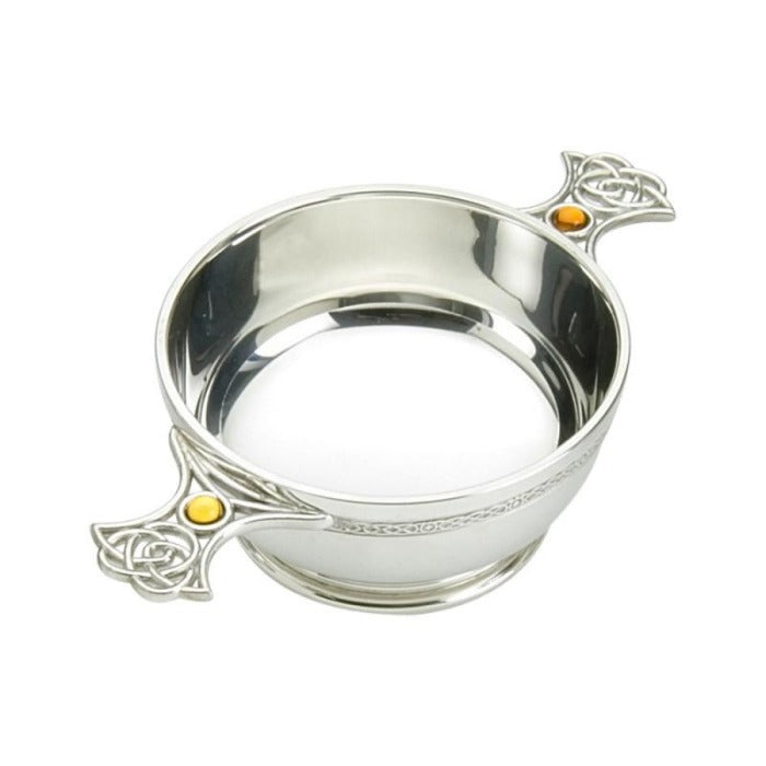 Celtic Weave handle quaich with topaz.  100% lead free pewter.  Made in England.  Celtic Corner