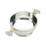 Celtic Weave handle quaich with topaz.  100% lead free pewter.  Made in England.  Celtic Corner