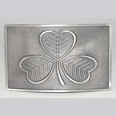 Matt antique finished chrome belt buckle with shamrock.  Celtic Corner/Scottish Treasures