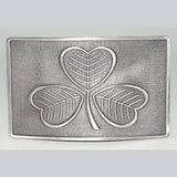 Matt antique finished chrome belt buckle with shamrock.  Celtic Corner/Scottish Treasures
