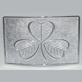 Polished chrome shamrock on kilt buckle.  Celtic Corner Scottish Treasures