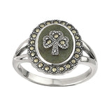 Connemara marble shamrock and marcasite ring set in sterling silver.  Made in Ireland.  Scottish Treasures Celtic Corner