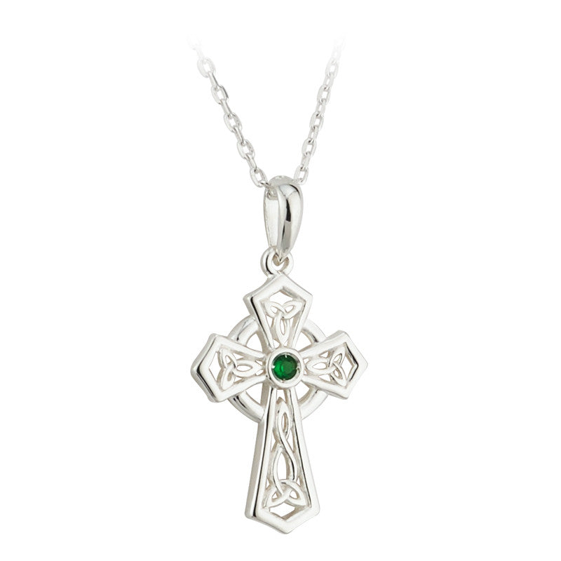 Trinity knot cross with cz emerald in center.  Sterling silver; made in ireland