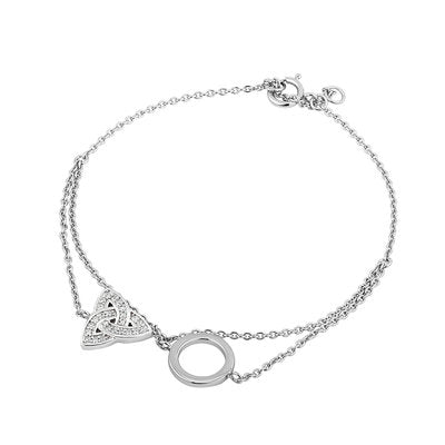 Trinity knot inlayed with crystals and friendship circle are attached to this bracelet with two chains.  Set in sterling silver and made in Ireland.  Celtic Corner/Scottish Treasures