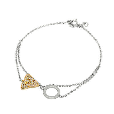 Trinity knot set in gold plate with inlayed crystals and friendship circle are attached to this bracelet with two chains.  Remainder of bracelet is sterling silver giving is a two-tone look.  Made in Ireland.  Celtic Corner/Scottish Treasures