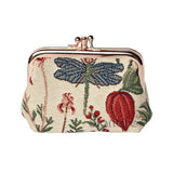 Wild flowers and a dragonfly adorn this coin purse done in tapestry fabric with two separate pockets.  Scottish Treasures Celtic Corner