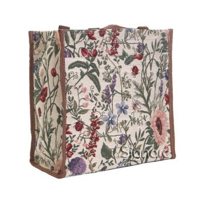 Wild Flowers adorn this Tapestry shopping bag with pockets inside and outside netting pocket for water bottle.  Celtic Corner/Scottish Treasures