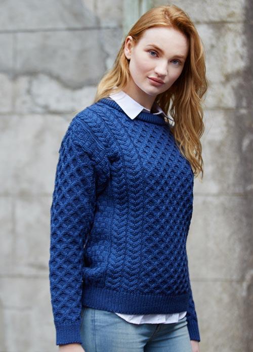aran crew neck sweater in denim