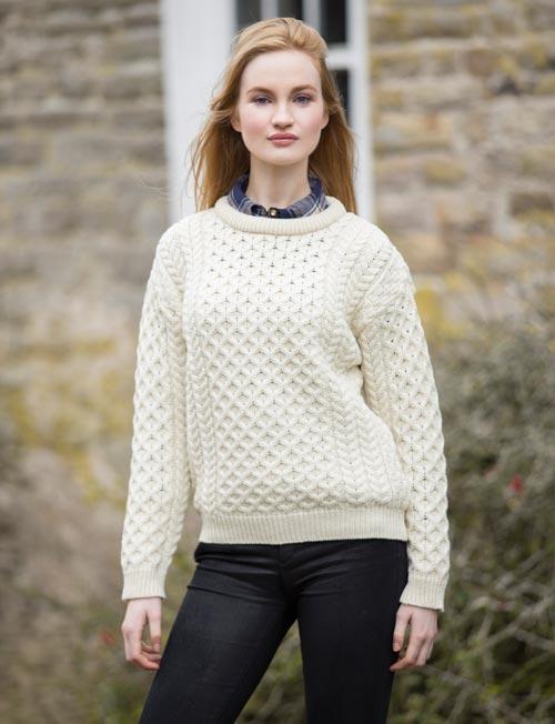 aran crewneck sweater in natural color