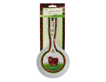 Highland cow ceramic spoon rest with tartan border.  Celtic Corner Scottish Treasures