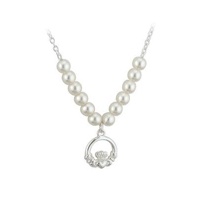 Rhodium Plated Claddagh Pearl Necklet (kids) - Celtic Corner / Scottish Treasures