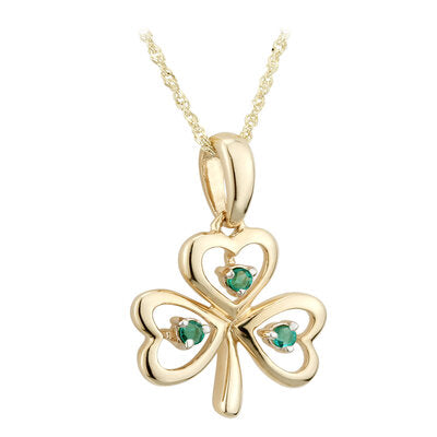 9k yellow gold shamrock pendant with 3 emeralds.  Made in Ireland.  Scottish Treasures Celtic Corner