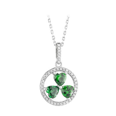 Sterling silver shamrock pendant with green and clear crystal cz stones.  Made in Ireland.  18 inch chain.  Scottish Treasures Celtic corner