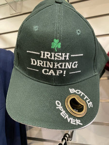 Irish drinking cap with bottle opener on brim