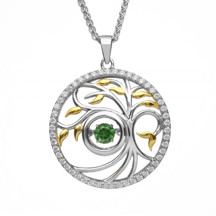 Tree of life pendant with gold leaves, cubic zirchonia around the outside circle with green cz center stone.  Made in Ireland.  Scottish Treasures Celtic Corner