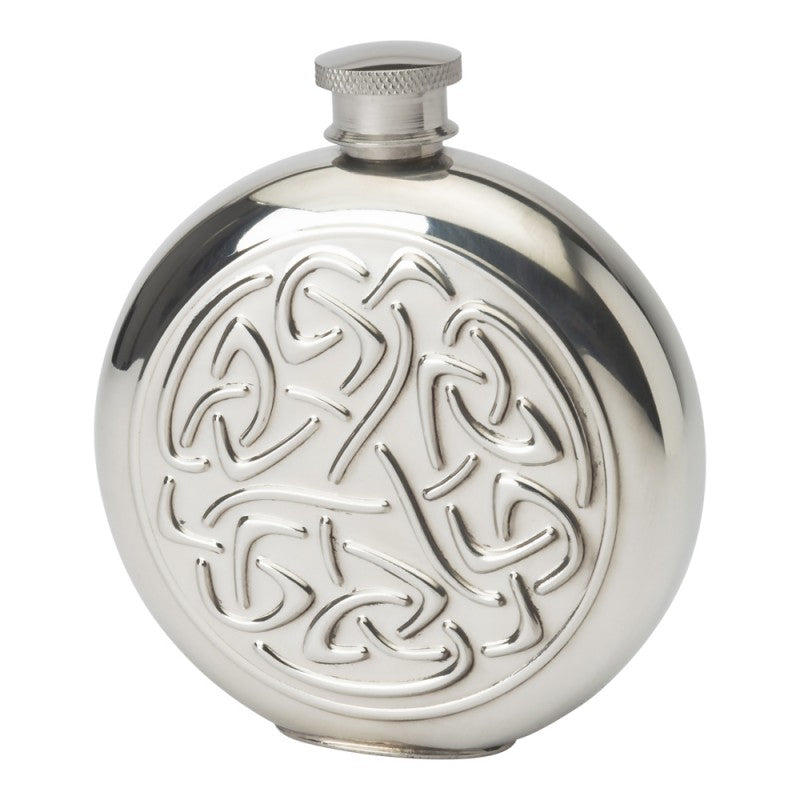 Round pewter flash with celtic scroll.  Make in Sheffield, England.  Scottish Treasures Celtic Corner