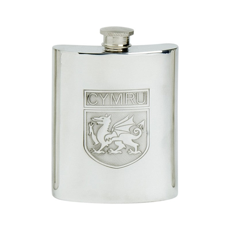Pewter flask, 6 oz, with Welsh Dragon.  Made in England.  Scottish Treasures Celtic Corner