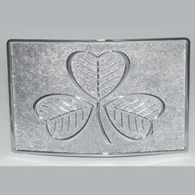 Polished chrome shamrock on kilt buckle.  Celtic Corner Scottish Treasures