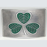 Green enamel shamrock on matt finished chrome kilt buckle.  Celtic Corner/Scottish Treasures