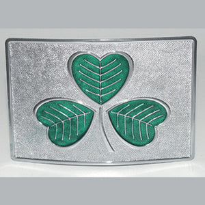 Green enamel shamrock on polished chrome kilt buckle.  Celtic Corner/Scottish Treasures