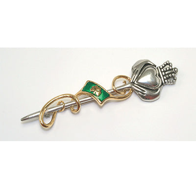 Claddagh kilt pin with shamrock enameled flag and a swirl of gold ribbon.  Made in the UK.  Celtic Corner/Scottish Treasures