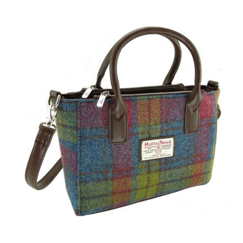 Small Harris Tweed tote in shades of pink, blue and yellow.  Two styles of straps.  Scottish Treasures Celtic Corner