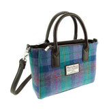 Small Harris Tweed tote in blue hues with purple.  Zipper pockets and two styles of straps.  Scottish Treasures Celtic Corner