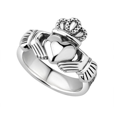 Heavy sterling silver gents claddagh ring with celtic knotwork on the band.  Made in Ireland.  Scottish Treasures Celtic Corner