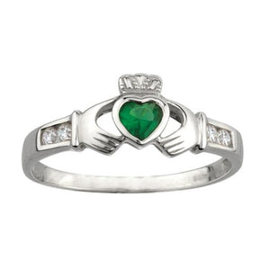 claddagh ring in sterling silver with green center stone and 2 stones on each side in clear crystal.  Made in Ireland.  Scottish Treasures Celtic Corner