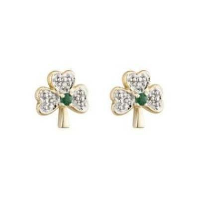 14k gold with diamond and emerald Shamrock stud earrings.  Made in Ireland.  Scottish Treasures/Celtic corner