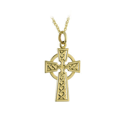 9k gold contemporary Celtic Cross necklace.  18 inch chain.  Hallmarked at Dublin Castle, Ireland.  Scottish Treasures / Celtic Corner