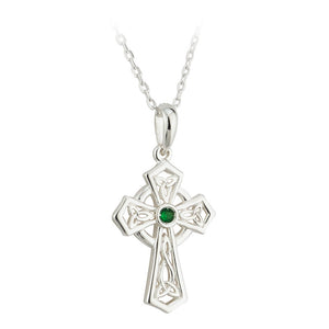 Trinity knot cross with cz emerald in center.  Sterling silver; made in ireland