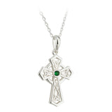 Trinity knot cross with cz emerald in center.  Sterling silver; made in ireland