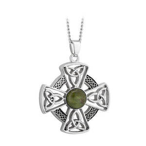 Rhodium connemara marble celtic cross pendant with trinity knots and eternity weave knots.  Made in Ireland
