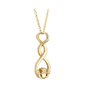9k gold contemporary claddagh necklace with celtic knot.  18 inch chain.  Hallmarked at Dublin Castle, Ireland.  Scottish Treasures / Celtic Corner / Celtic Tides