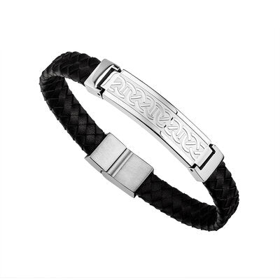 Stainless steel and black leather mans bracelet with magnetic closure.  Made in Ireland.  Celtic Corner  Celtic Tides