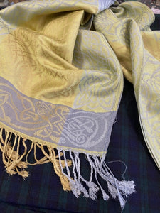 Keeragh design celtic knot pashmina scarf in shades of blue, yellow and green.  Celtic Corner 
