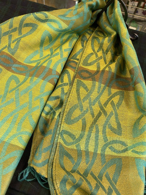 Anchill Pashmina scarf in stunning shades of green and yellow.  Scottish Treasures Celtic Corner