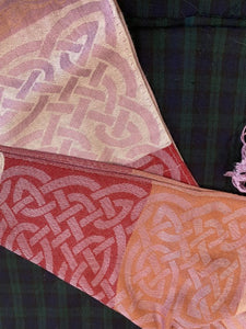Cathaigh pashmina scarf with shades of pink and continuous eternity knots. 