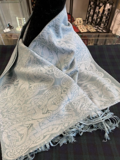 Inishtrahull Pashmina with Book of Kells Images.  Pale Bluish Green in color.  Scottish Treasures Celtic Corner