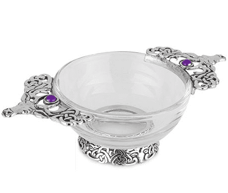 Glass and pewter quaich with handle details depicting the stag.  Made in England.  Scottish Treasures Celtic Corner