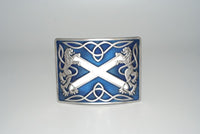 Saltire buckle with lion and St. Andrews cross; blue enamel.  Scottish Treasures Celtic Corner