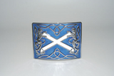 Highland Saltire kilt buckle in blue chrome finish.  Scottish Treasures Celtic Corner