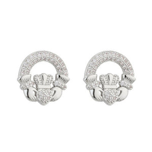 Rhodium Crystal Claddagh Stud Earrings