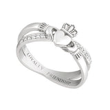 Claddagh crossover kiss ring made in Ireland and set in sterling silver with cz stones.  Scottish Treasures Celtic Corner